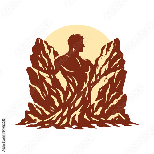 A strong man vector. Against the backdrop of a cliff.
