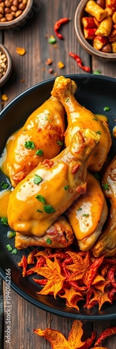 Honey mustard baked chicken wings and legs served on a black plate, surrounded by vibrant Indian spices on a rustic wooden table, rich and flavorful presentation,  rustic wood,  rich flavor