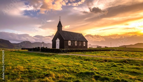 Picturesque Black Church of Budir at Sunset in Iceland.