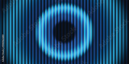 Futuristic glowing blue circular ring with smooth fluted vertical lines on dark background. Fractal ribbed glass pattern. Perfect for tech branding, poster, product presentation