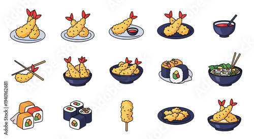 Japanese Food and Tempura Icon Set, Fried Shrimp, Sushi Rolls, and Ramen Bowl Illustration