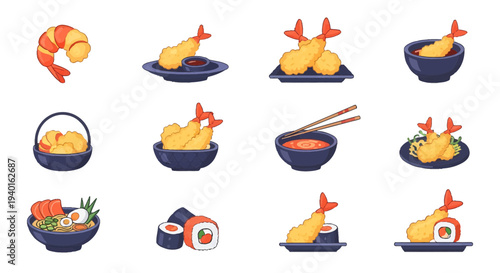 Japanese Cuisine Vector Illustration Set with Fried Ebi Tempura, Sushi Rolls, and Ramen Noodle Bowls in Flat Design Style