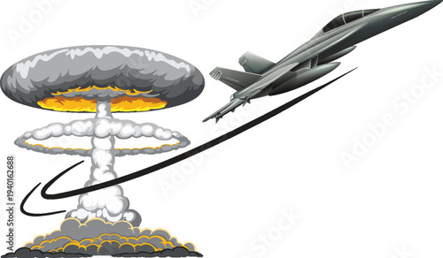 Dynamic vector illustration of a military fighter jet performing a high-speed maneuver away from a massive nuclear mushroom cloud explosion.