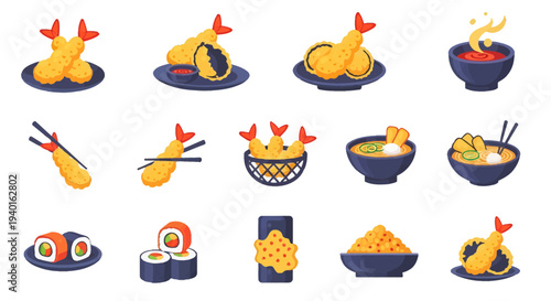 Japanese Food Vector Illustration Set with Ebi Tempura, Sushi, and Ramen Icons