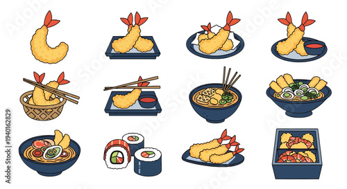 Japanese Cuisine Vector Icon Set Featuring Shrimp Tempura Ramen and Sushi Illustration
