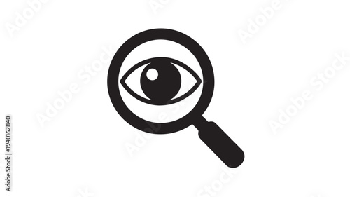 Magnifying glass with eye icon in simple flat design with black color on white background for web graphics