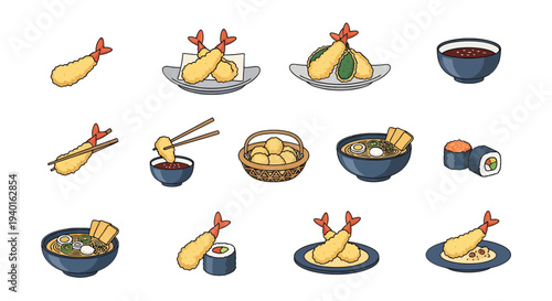 Japanese Food Vector Set: Ebi Tempura, Ramen Noodles, and Sushi Icons on White Background