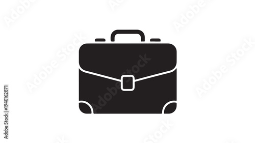 Black briefcase in simple flat design with white accents and handle on plain white background for business icon