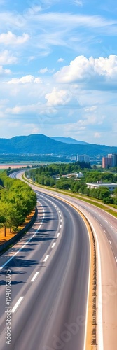 Wide highway, trees, buildings, empty plains, summer day, white lines,  landscape, highway
