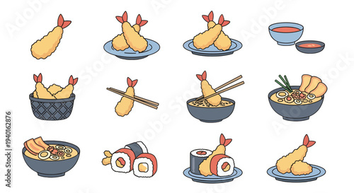 Japanese Food Illustration Set with Tempura, Ramen Bowl, and Sushi Rolls