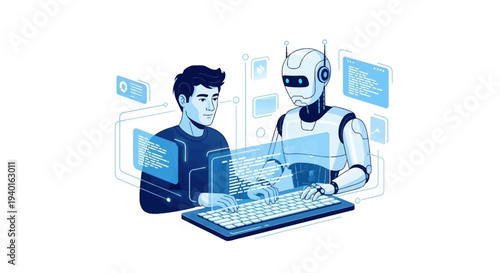 Man and Robot Collaborating on Computer Project Together.