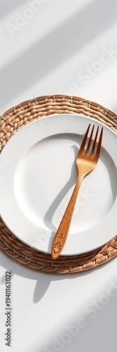 Elegant white plate, woven placemat, carved wooden fork, soft shadow,  studio shot,  raised rim