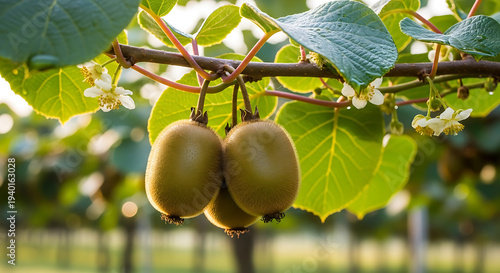Three kiwi fruits hanging from branch with green leaves and small white flowers on vine