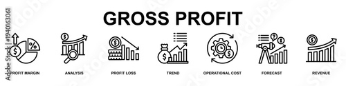 Gross Profit Banner Web Icon Vector Illustration Concept for Business with Icons of Profit Margin, Analysis , Profit Loss, Trend, Operational Cost, Forecast and Revenue