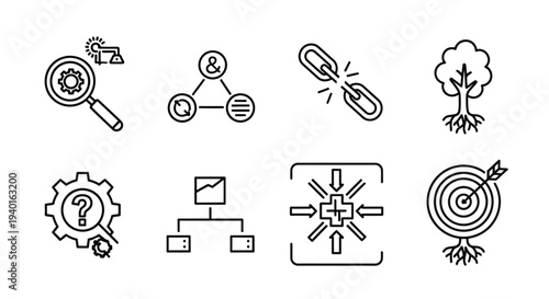 Collection of linear icons representing business technology and problem solving