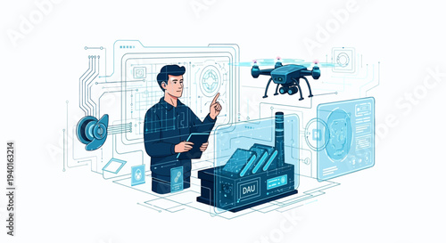 Man controlling industrial machinery with a tablet and drone nearby.