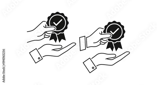 Hands presenting and receiving quality award ribbons black and white illustration