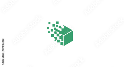 Green pixelated cube dissolving into pixels.