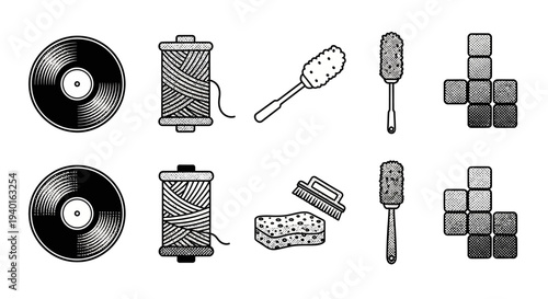 Collection of vintage objects vinyl records spools brushes and cubes