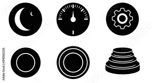 Simple black icons representing moon gauge gear and layered shapes
