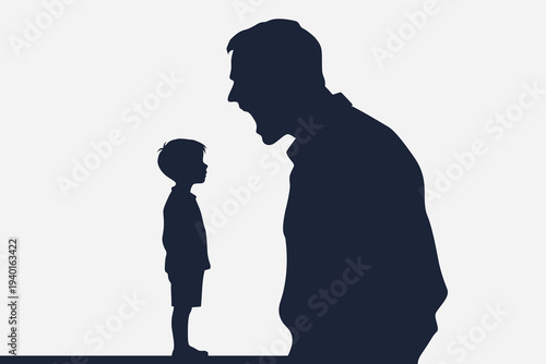 Shouting Father Looms Over Scared Child Silhouette: Dysfunctional Family Trauma, Noise