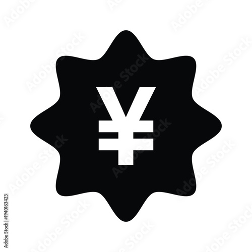 A black starburst shape with a white yen symbol on a plain white background