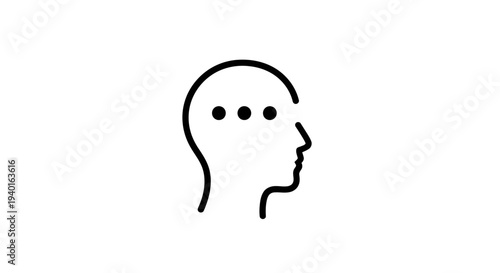 Simple line drawing of a human head in profile with three dots indicating thought or contemplation.
