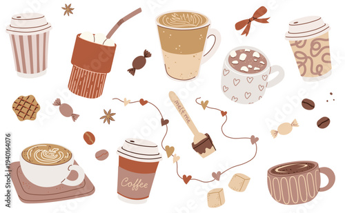 Cozy Coffee Set with Cups, Takeaway Mugs, Sweets, Latte Art and Cafe Elements in Warm Colors. Hand Drawn Vector Illustrations. 