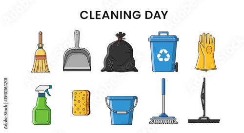 Illustration of cleaning tools and supplies arranged in two rows under text