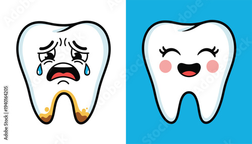 Cartoon tooth characters showing pain and happiness on blue and