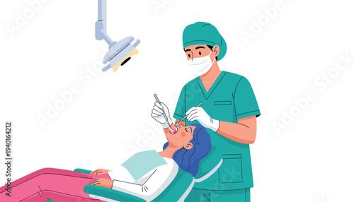 Dentist in green scrubs examining patient with dental mirror