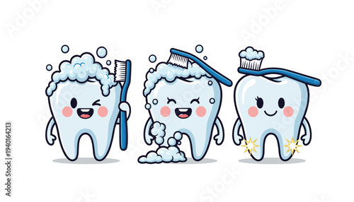 Three cartoon teeth characters brushing and cleaning teeth on a isolated