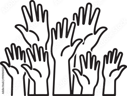 Group of Raised Hands Line Art Illustration – Concept of Volunteering, Unity, Community Participation, and Voting