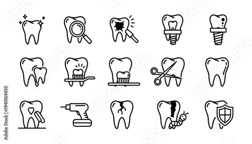 Collection of dental icons showing various tooth procedures and health issues