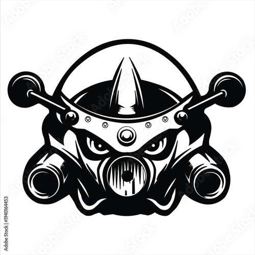 A striking, masculine emblem combining elements of biker culture, heavy machinery, and warrior aggression—ideal for custom auto shops, moto enthusiasts, or high-energy brands seeking an intimidating 