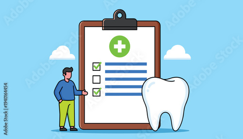 Dentist examining a large tooth on a clipboard with a checklist and green checkmarks