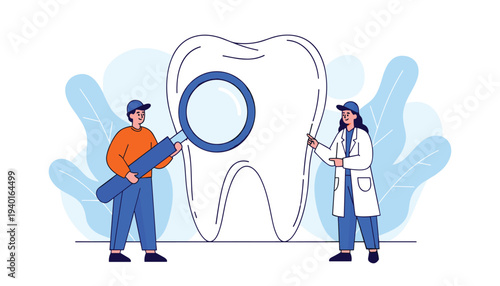 Dentist and assistant examining a large tooth with a magnifying glass