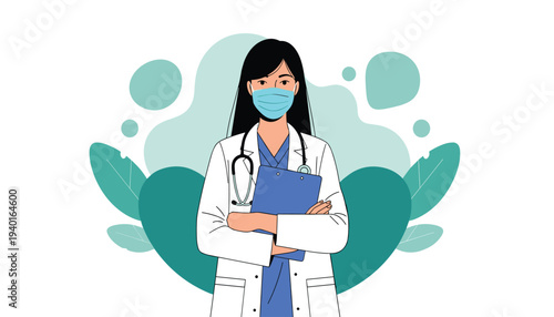 Female doctor wearing a mask and stethoscope standing confidently