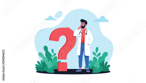 Doctor in white lab coat standing with large red question mark