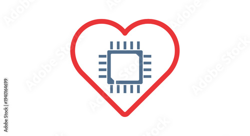 Red heart shape embracing a blue microchip symbolizing love for technology.