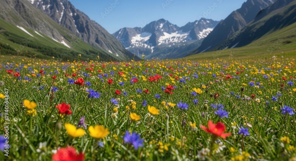 Fototapeta premium Vivid Mountain Valley Blooming Meadow with Colorful Wildflowers and Snow-Capped Peaks