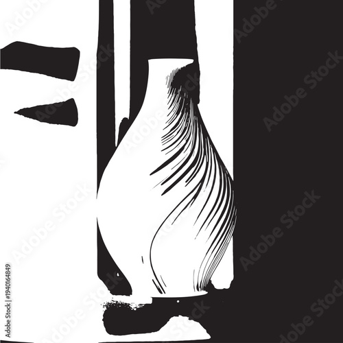 White vase with abstract black lines in dramatic lighting on white background for home decor