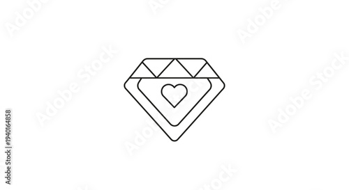 Simple line art diamond with heart inside on white background.