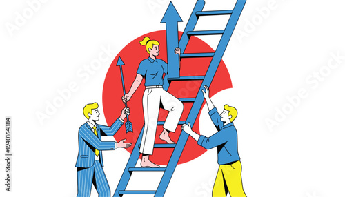 Three businessmen climbing a ladder together with a red circle and arrow in the background