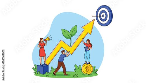 Team working together to achieve business growth and success with target