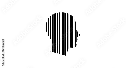 Black and white illustration of a human head profile with barcode pattern.
