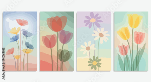 Collection of beautiful backgrounds with spring flowers daisies, tulips, wildflowers with soft, blurred outlines and gradients in pastel shades. The overall style is dreamy, soft, and artistic. 