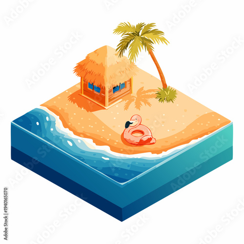 Isometric tropical island with a beach hut and palm tree.