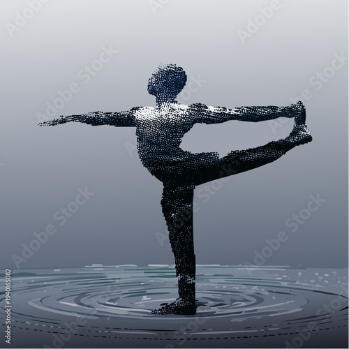 Textured dark sculpture of a human figure in a balancing yoga pose.