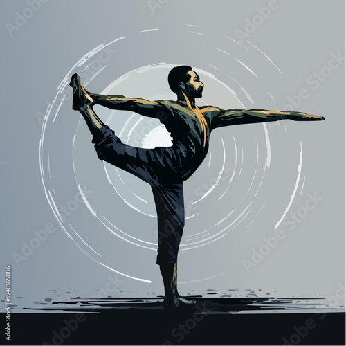 Vibrant red artistic illustration of a person in a yoga balancing pose.